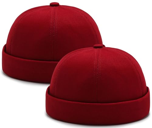 2 Pcs Mens Brimless Docker Cap Set - Retro Worker Sailor Skull Cap Beanie with Rolled Cuff - color: Red