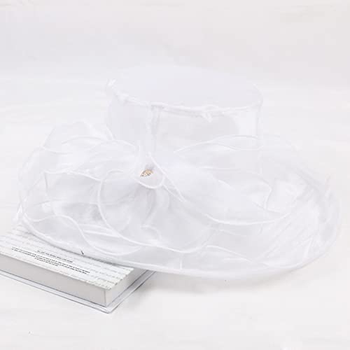 Women Derby Fascinator Hat Organza Church Wedding Hats Wide Brim Cocktail Tea Party Hat - color: 14 White