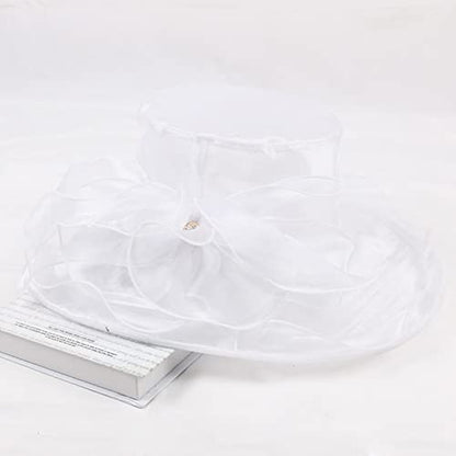 Women Derby Fascinator Hat Organza Church Wedding Hats Wide Brim Cocktail Tea Party Hat - color: 14 White