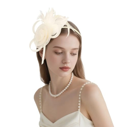 AMCAMI Fascinators Hats with Feather for Women 2026 Derby Hats Small Tea Party Hat with Headband - color: Beige