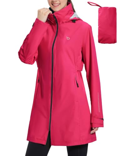 baleaf Women's Long Rain Coat Lightweight Packable Jacket with Hood - color: Rose Red, size: XX-Large