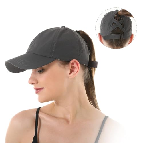 Womens Criss Cross Ponytail Hat Quick Drying Baseball Cap Sun Hats UV Protection Sport Cap - color: Dark Grey