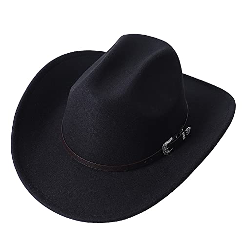Men Women Wide Brim Western Cowboy Cowgirl Hats with Buckle Belt - color: Black