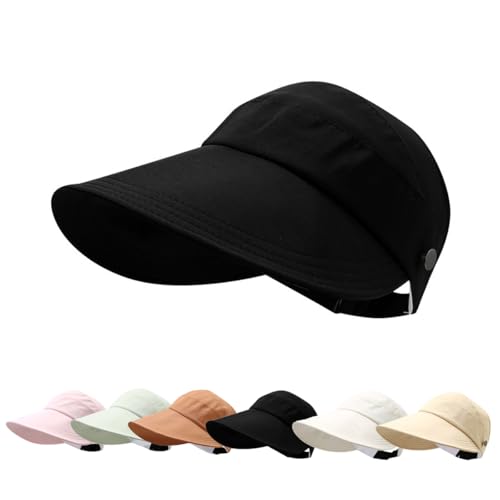 Sun Visor Hats for Women Summer UV Protection Adjustable Foldable Wide Brim Empty Top Cap for Outdoor Beach - color: Black