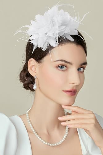 BABEYOND Flower Feather Beads Fascinator Headband for Women Derby Headpiece - color: White