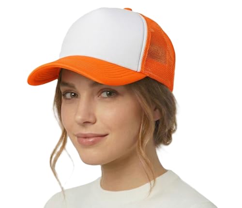 NYFASHION101 Plain Mesh Trucker Hat - Breathable 6-Panel Daily Snapback Cap, Customizable Ideal for DIY Embroidery & Patches - color: Orange/White