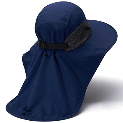 BASSDASH UPF 50+ Unisex Water Resistant Wide Brim Sun Hat with Large Neck Flap Ponytail Fishing Hat for Men Women - color: Dark Blue