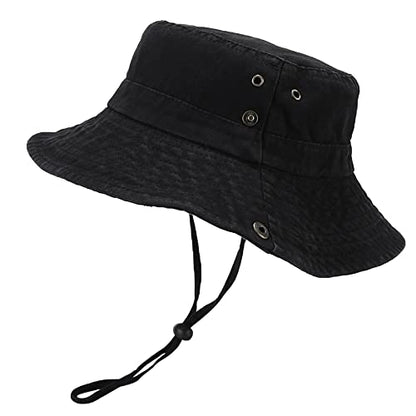 Unisex Cotton Boonie Hat Summer Fishing Bucket Hat Sun Hat with String - color: Solid Black