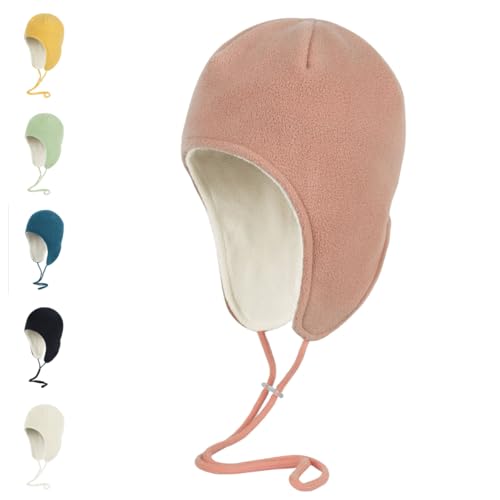 Mens Womens Warm Fleece Beanie Soft Winter Hat with Ear Flaps Windproof Ski Snow Cycling Skull Cap Helmet Liner - color: Pink