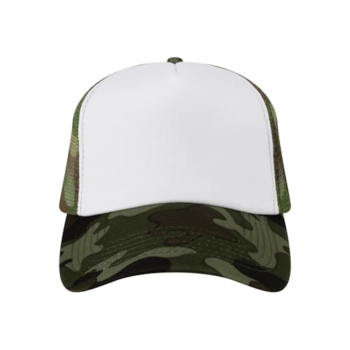 TOPTIE 5 Panel Foam Front Trucker Hat High Crown Mesh Back Snapback Cap - color: White Camo