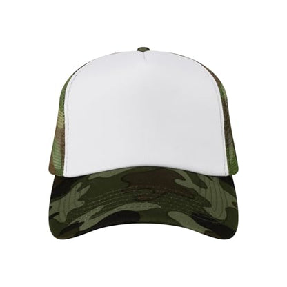 TOPTIE 5 Panel Foam Front Trucker Hat High Crown Mesh Back Snapback Cap - color: White Camo