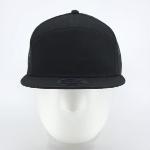 Plain Cotton Twill Flat Brim Mesh Adjustable Snapback Trucker Baseball Cap - color: 7 Panel Black