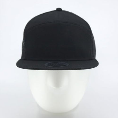 Plain Cotton Twill Flat Brim Mesh Adjustable Snapback Trucker Baseball Cap - color: 7 Panel Black