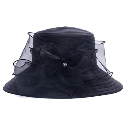 Womens Wedding Occasion Floral Wide Brim Church Dressy Sun Hat A323 - color: Black