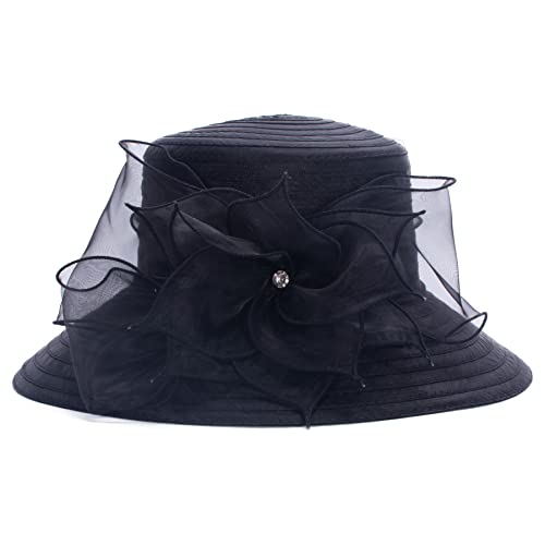 Womens Wedding Occasion Floral Wide Brim Church Dressy Sun Hat A323 - color: Black
