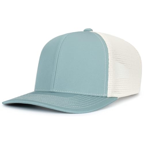 Pacific Headwear Contrast Stitch Trucker Pacflex Snapback Cap - color: Smoke Blue/Beige/Smoke Blue