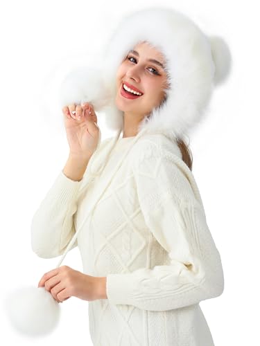 LA CARRIE Women's Faux Fur Hat with 3 Pom Pom for Cold Winter SKI Earflaps - color: White