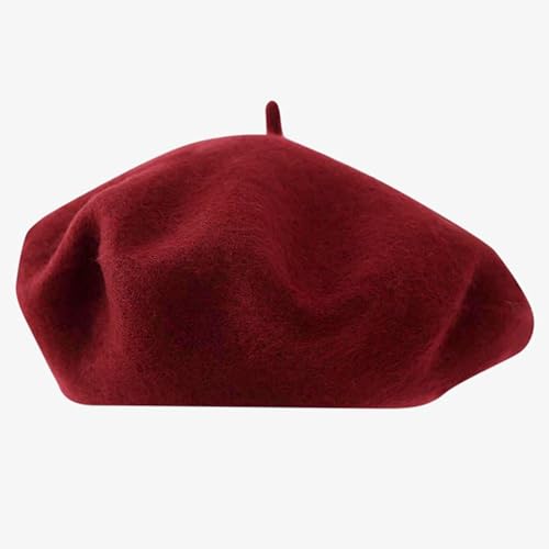 Womens Wool French Beret Chic Solid Beanie Hat Stretchable Classic Beret - color: Claret