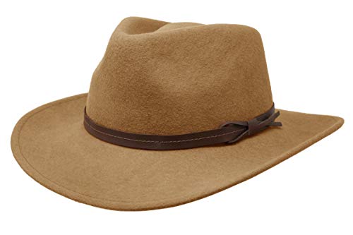 Borges & Scott Hardy - Lightweight Wide Brim Fedora - Leather Band - 100% Wool Felt - Crushable for Travel - Water Resistant - color: Caramel, size: Small