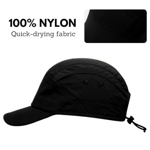 5 Panel Hat, Quick Dry Baseball Cap, Drawstring Elastic Sport Cap for Running, Fishing - color: Black