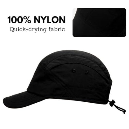 5 Panel Hat, Quick Dry Baseball Cap, Drawstring Elastic Sport Cap for Running, Fishing - color: Black