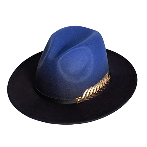 Women Gradient Color Fedora Wide Brim Felt Hat - color: Royal Blue/Black