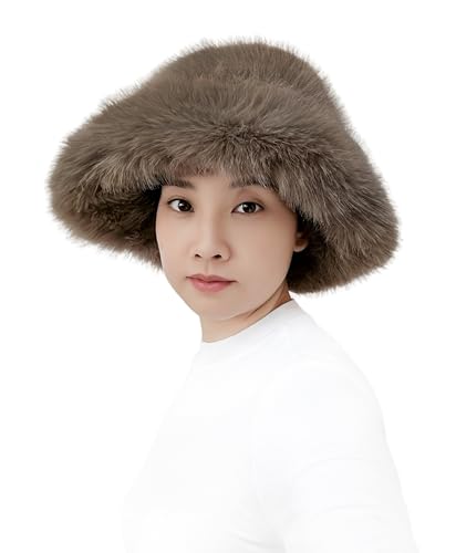 Lina & Lily Oversized Winter Faux Fur Bucket Hat for Women - Long Pile Fur Wide Moldable Brim - color: Khaki