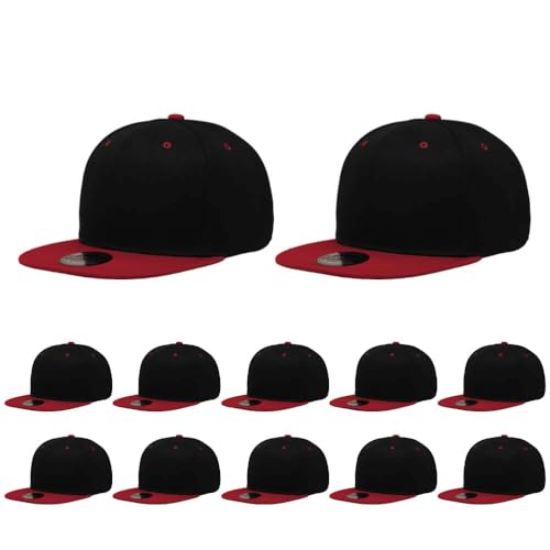 ZH Plain Flat Brim Snapback Baseball Caps Adjustable Blank Baseball Caps Wholesale 12 Pack - color: Black-red