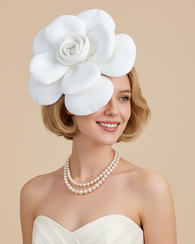 Zinniday Rose Flower Fascinators Hats - 2026 Elegant Extra Large Fascinator Hat Rose Cocktail Headpiece for Women Church - style: White Large Flower
