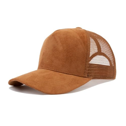 TopTie Suede Mesh Baseball Cap, Breathable Snapback Trucker Cap, 5-Panel Unisex Adjustable Sports Hat for Outdoor - color: Brown