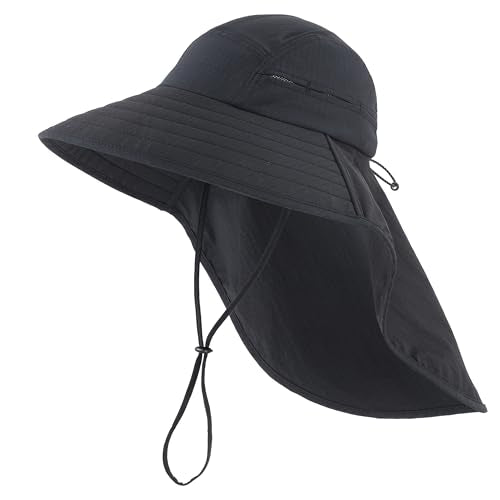 Home Prefer UPF 80+ Sun Hat for Men Women Wide Brim Sun Hat with Neck Flap Summer Beach UV Protection Gardening Fishing Hat - color: Black