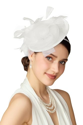 BABEYOND Fascinators Hats for Women Tea Party Mesh Flower Pillbox Derby Hat - color: White