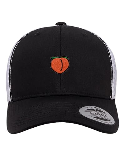 Go All Out Peach Icon Dad Deluxe Flatbill Baseball Structured Trucker Embroidered Hat - color: Black/ White