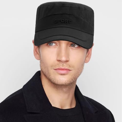 Cadet Army Cap Mesh Quick Qry Flat Top Cap Military Hat for Men Women - color: Black