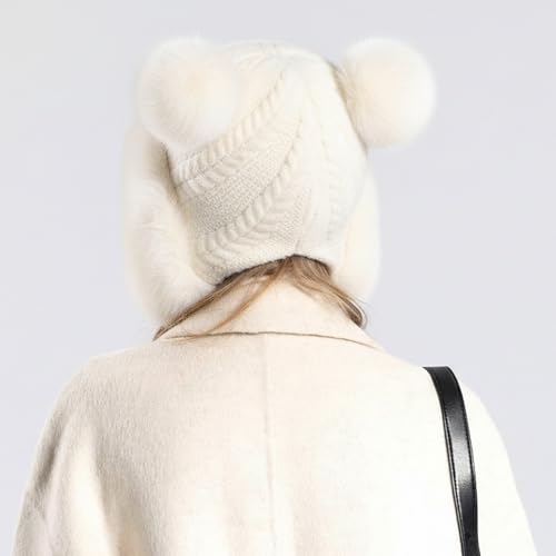 HUAMULAN Women Winter Sherpa Knit Beanie Hats with Pom Poms Ear Flaps - color: M2754-naibai