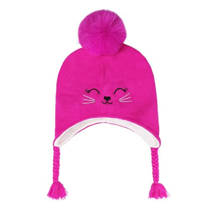 Toddler Girls Cat Ear Winter Hat Warm Knit Beanie Kids Earflap Cap for Cold Weather - color: Z - Pompom Style Hot Pink