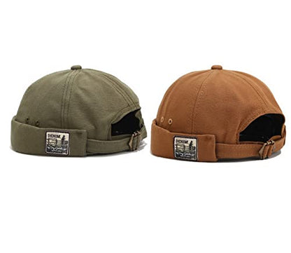 Faringoto Mens Cotton Brimless Skullcap Sailor Cap Rolled Cuff Retro Beanie Hat - color: Khaki+green