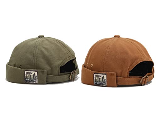 Faringoto Mens Cotton Brimless Skullcap Sailor Cap Rolled Cuff Retro Beanie Hat - color: Khaki+green