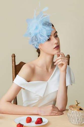 BABEYOND Fascinators Hats for Women Tea Party Flower Tulle Bead Derby Hat - color: Light Blue