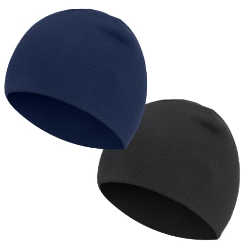 100% Cotton Beanie Hat for Men Women Cuffless Warm Winter Hats - color: 2pcs (Black+navy Blue)