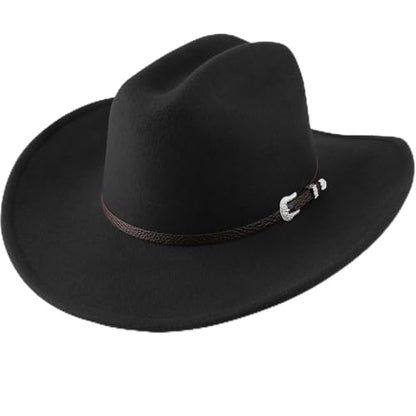 AQOKKA Western Cowboy Hats for Women Classic Felt Wide Brim Fedora Hat with Belt Buckle Retro Panama Hat Unisex Rolled up Cap - color: 1 Pc Fedora Hat A: Black a