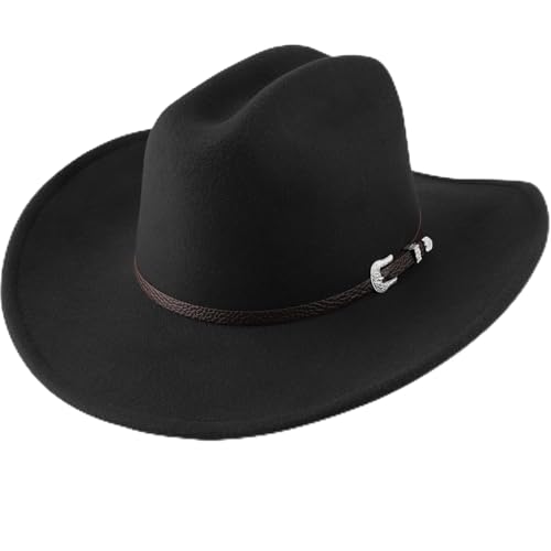 AQOKKA Western Cowboy Hats for Women Classic Felt Wide Brim Fedora Hat with Belt Buckle Retro Panama Hat Unisex Rolled up Cap - color: 1 Pc Fedora Hat A: Black a