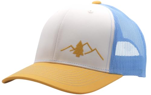 LINDO Trucker Hat [ Great Outdoors Design ] for Men and Women: Mid Profile Cap with Breathable Mesh Back and Adjustable Snap - color: White/Blue/Yellow