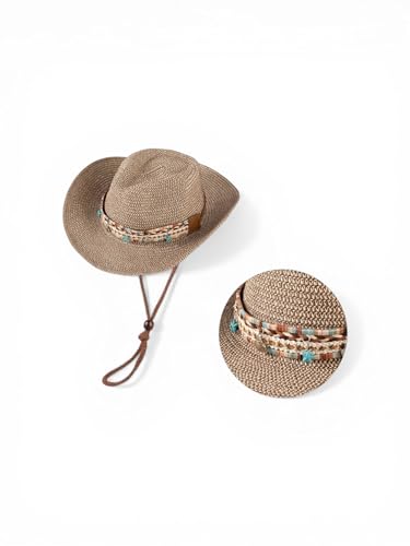 Hat for Summer - Women's Straw Cowboy Hat with Turquoise Starfish Beaded Band and Adjustable Chin Strap - Coastal Boho Western Sun Hat in Khaki