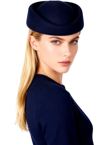 HIMESPORT Wool Felt Beret Derby Fascinator Hats for Women Ladies Church Tea Party Formal Wedding Pillbox Hat - color: Navy Blue