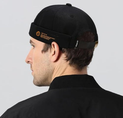 Mens Docker Cap – Brimless Beanie Skull Cap Retro Rolled Cuff Adjustable Cotton - color: Keep Going Label