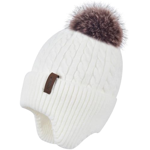 FENELY Women's Knitted Warm Beanie Winter Hat, Warm Chunky Snow Hat with Pompom - color: White