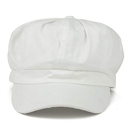 Womens Newsboy Hat - 8 Panels 100% Cotton Vintage Cabbie Hat with Elastic Back - color: White