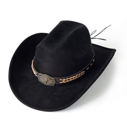 Western Cowboy Hat for Women Men Retro Suede Hat - color: Black-square Bull Buckle