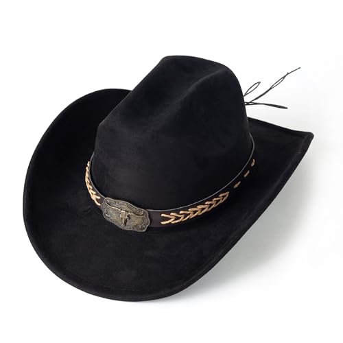 Western Cowboy Hat for Women Men Retro Suede Hat - color: Black-square Bull Buckle